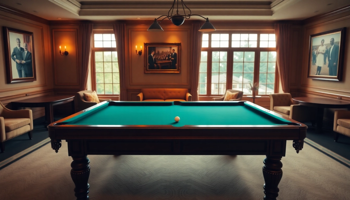 Buy Pool Tables set in a stylish game room with a rich mahogany finish and warm ambiance.