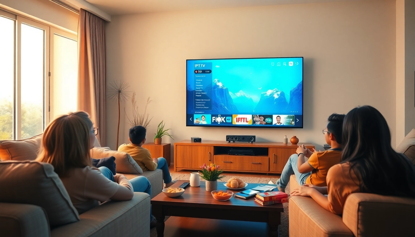 Family enjoying free trial iptv in a cozy living room setup with a large TV.