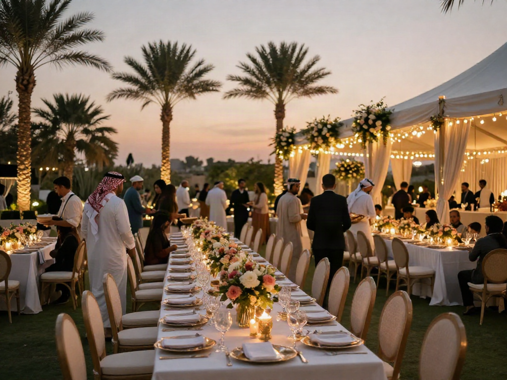 Event rental KSA showcasing a luxurious outdoor banquet setup in Saudi Arabia with elegant decor.