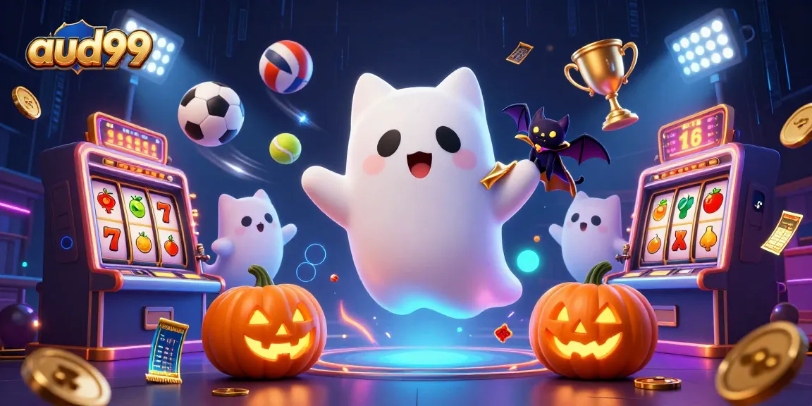Engage aud99 players in a vibrant 3D casino scene featuring a friendly ghost cat and vampire bat.