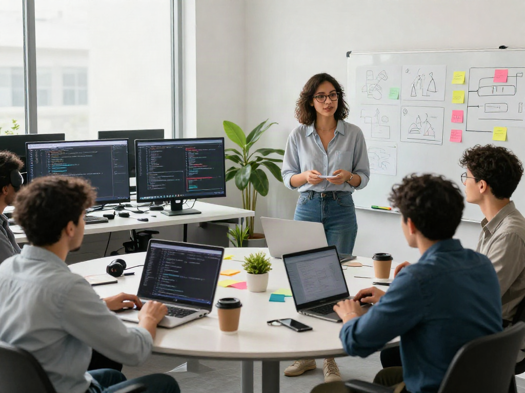 Crushon tech team collaborating in a vibrant modern workspace with laptops and brainstorming materials