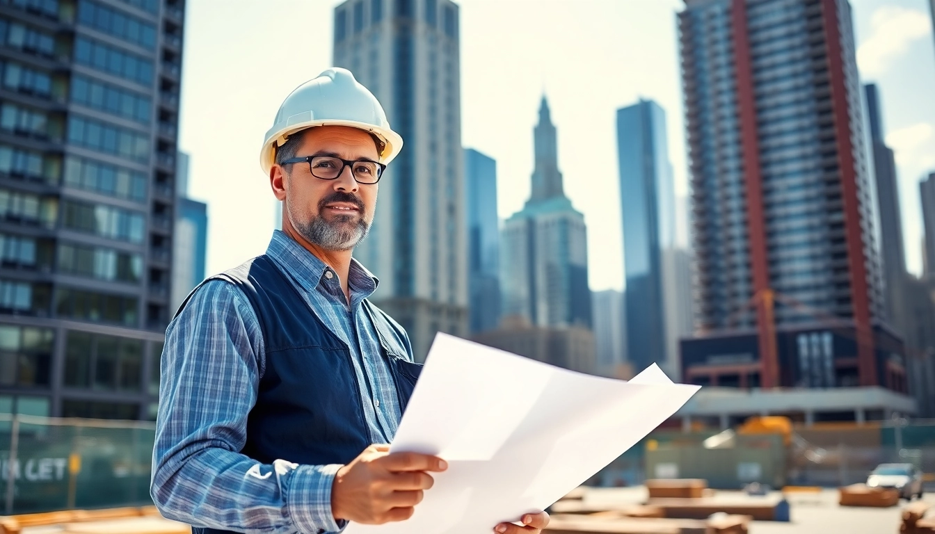 Manhattan General Contractor supervising urban construction project with blueprints.