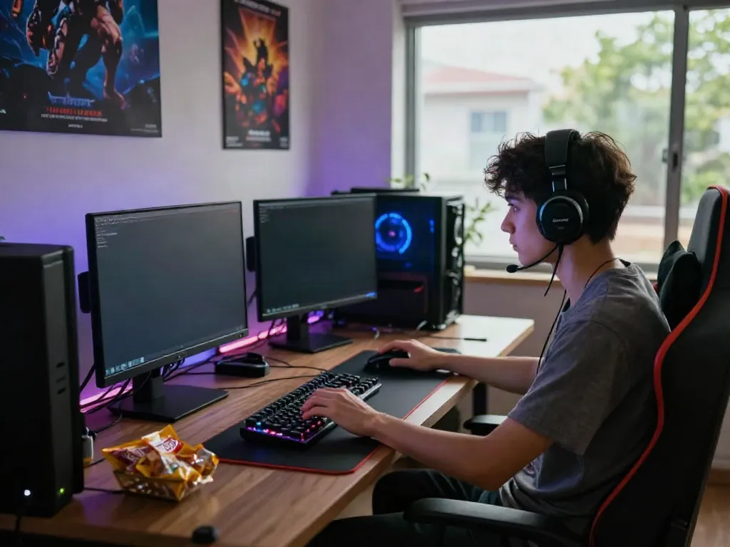 Engaged gamer playing สล็อตเว็บตรง at a colorful LED-lit desk with gaming setup and snacks.