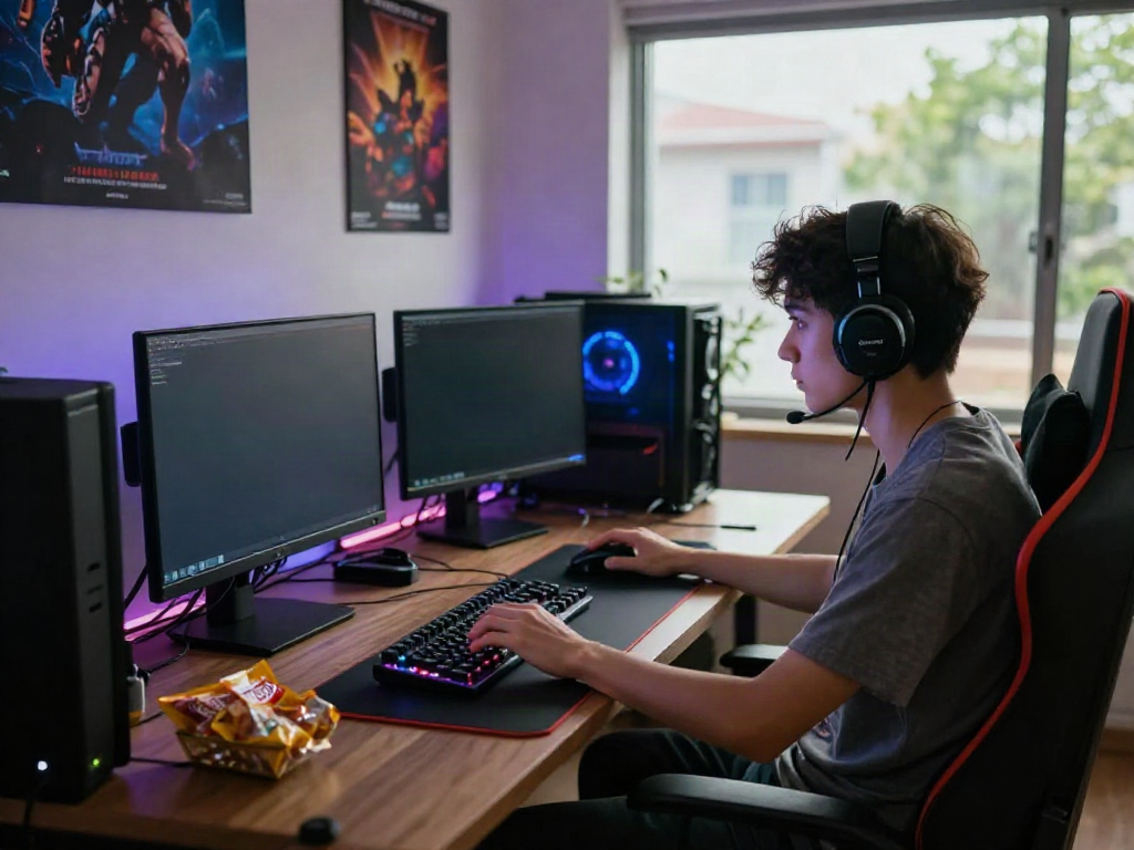Engaged gamer playing สล็อตเว็บตรง at a colorful LED-lit desk with gaming setup and snacks.