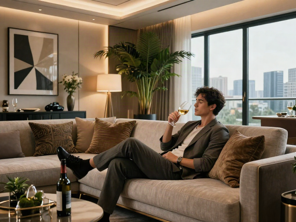 Gaya hidup LUXURY111 di apartemen modern dengan individu yang bersantai sambil menikmati anggur.