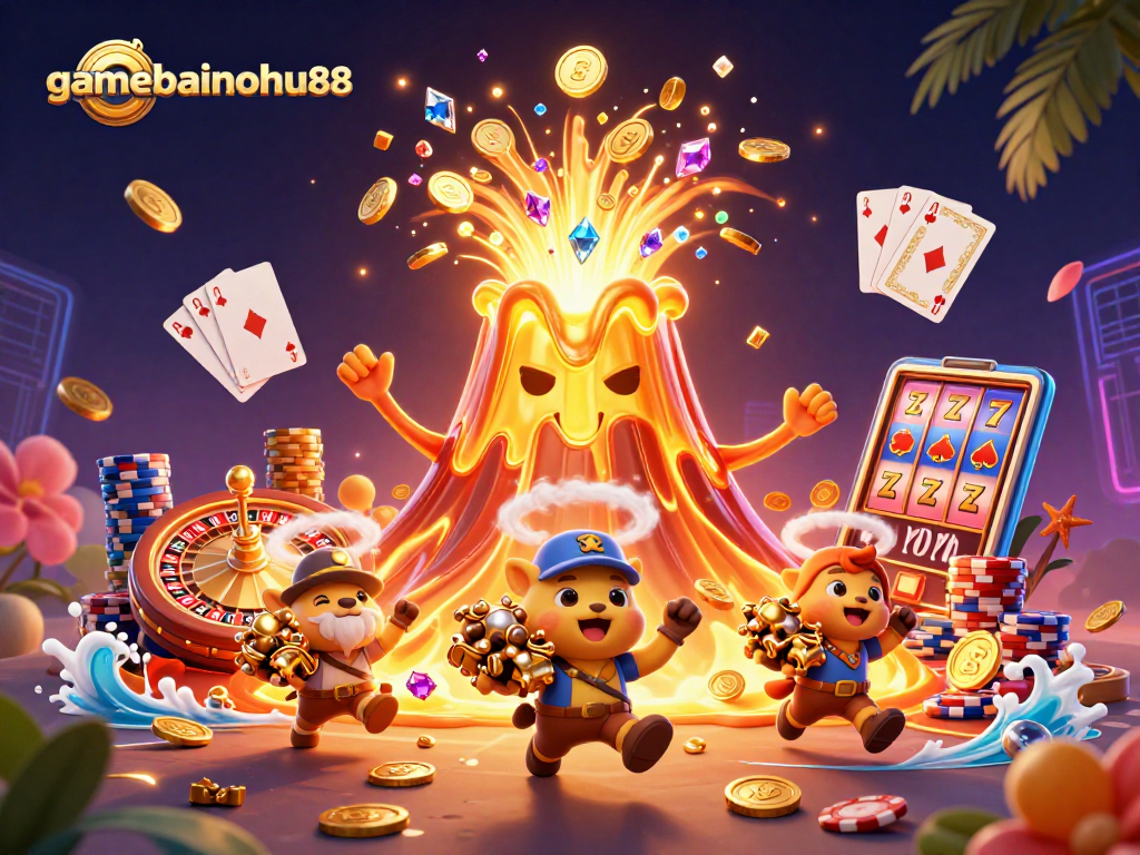 Experience the excitement of gamebainohu88 with thrilling casino elements like slot reels and poker cards.
