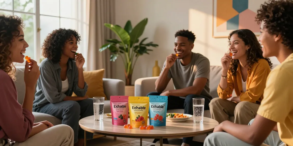 Social gathering highlighting best THC gummies for 2026, friends enjoying Exhale Wellness in a cozy living room.