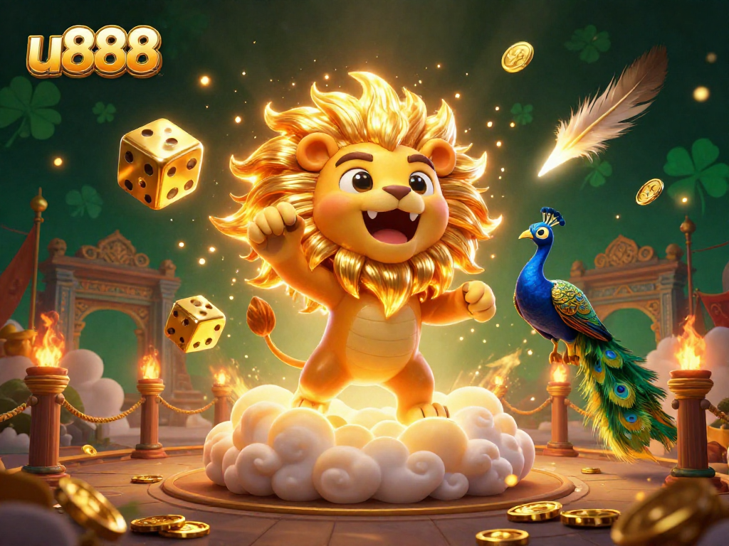 Experience thrilling gameplay at u888 with a dynamic casino scene featuring golden lion and vibrant gaming elements.