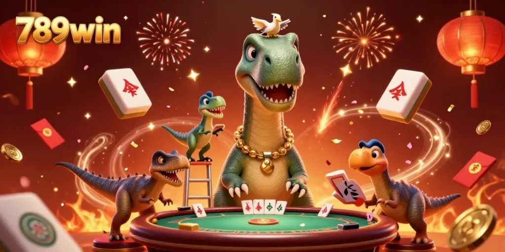 Engage with 789win in a vibrant 3D carnival of gaming excitement featuring a playful brontosaurus and dynamic raptor.
