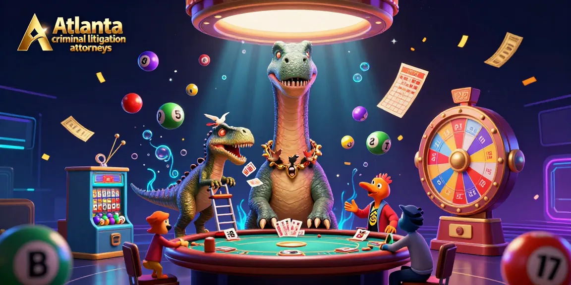Energetic 3D casino scene showcasing Atlanta criminal litigation attorneys surrounded by vibrant lottery elements.