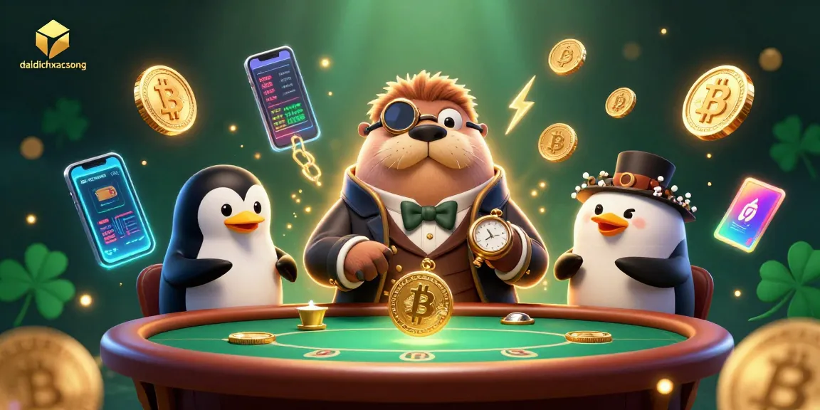 Engage in thrilling gameplay at daidichxacsong with a jolly walrus poker scene surrounded by crypto elements.