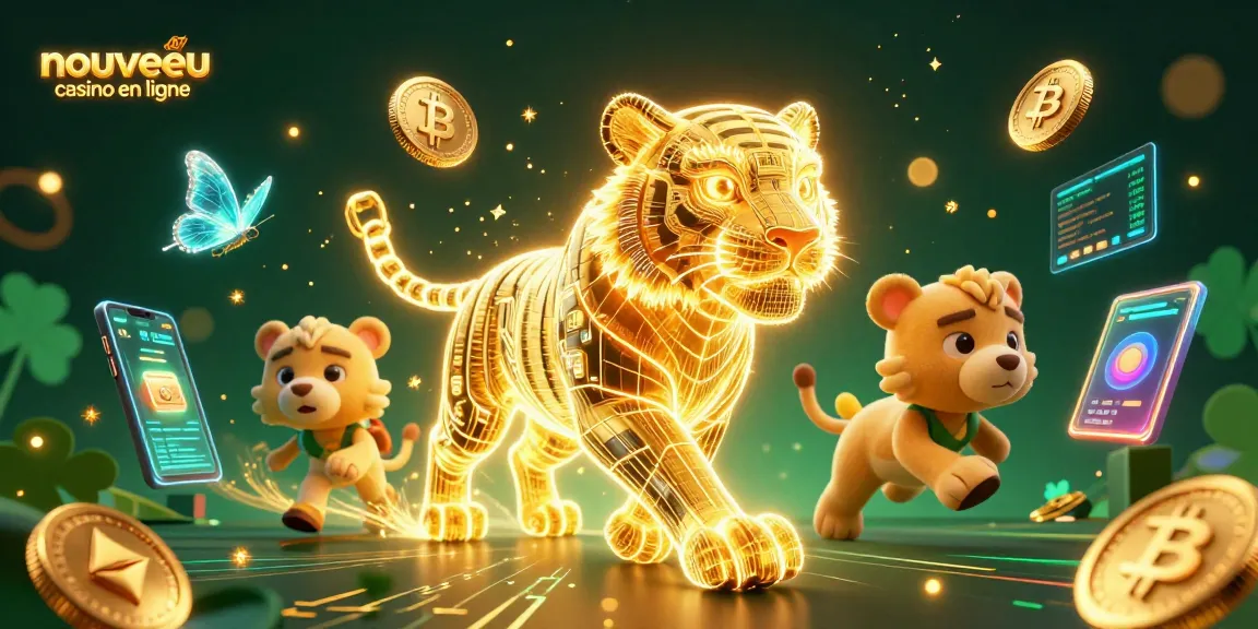 Nouveau casino en ligne avec un tigre lumineux et des pièces de crypto-monnaie en dynamique