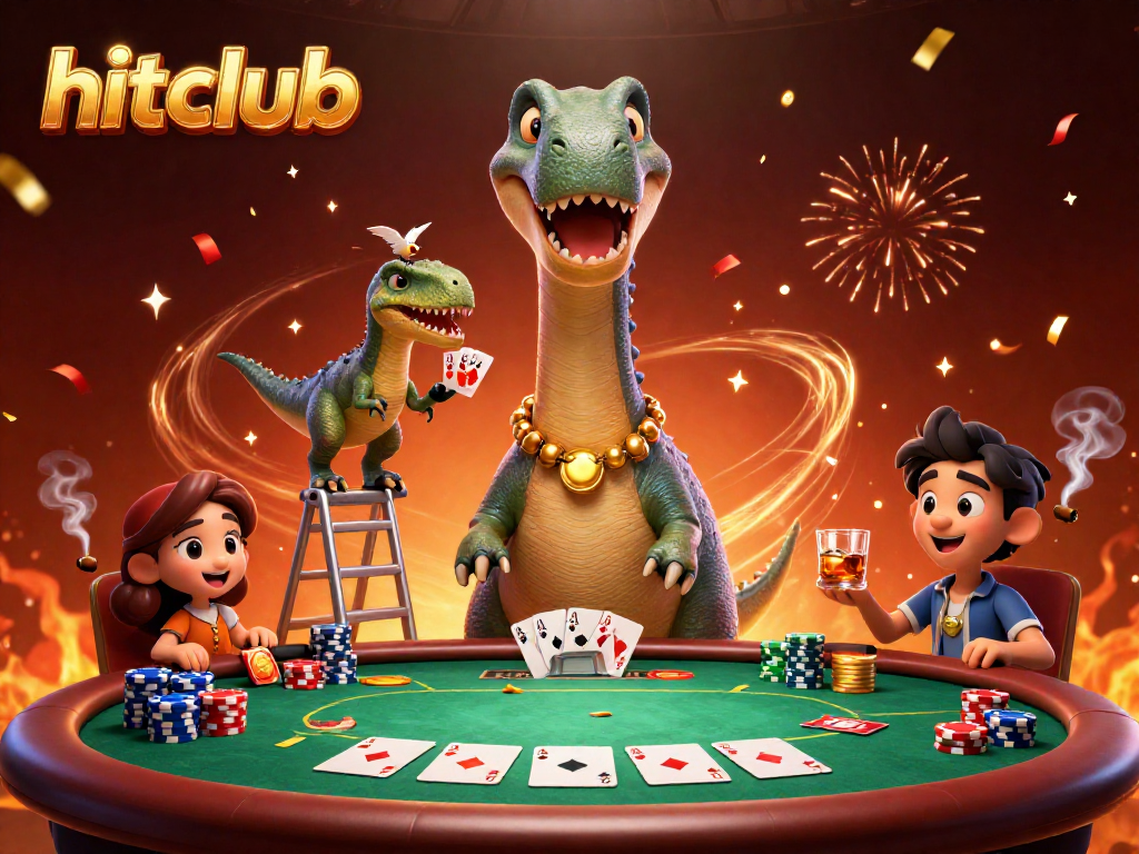 Experience hitclub's vibrant casino scene with a giant brontosaurus and raptor dealer.