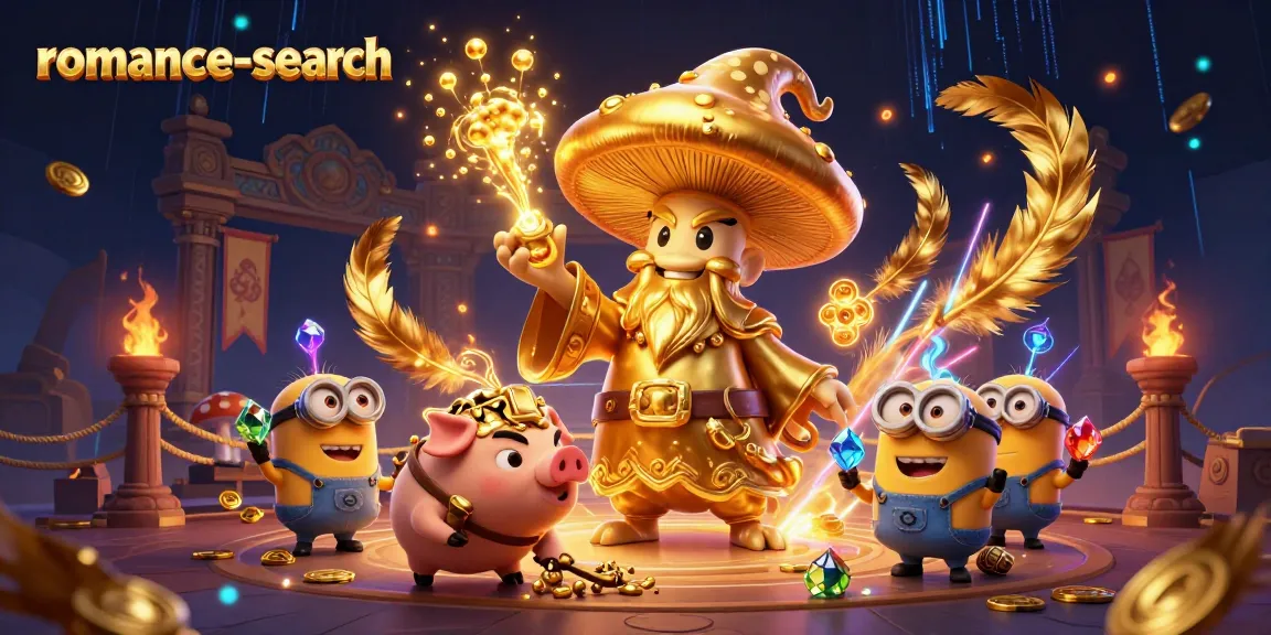 A vibrant 3D illustration showcasing the romance-search theme featuring characters enveloped in gold, with energetic casino elements.