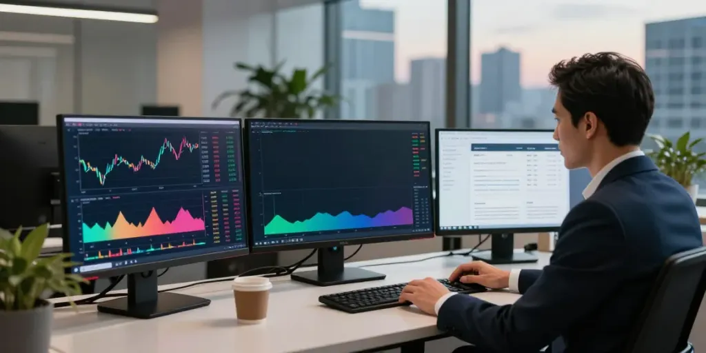 Trader analyzing TradingView charts in a modern office.