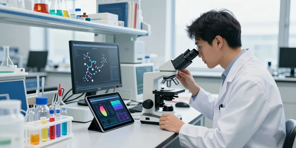 Research scientist examining peptides in a bright lab, SwissChems focus.