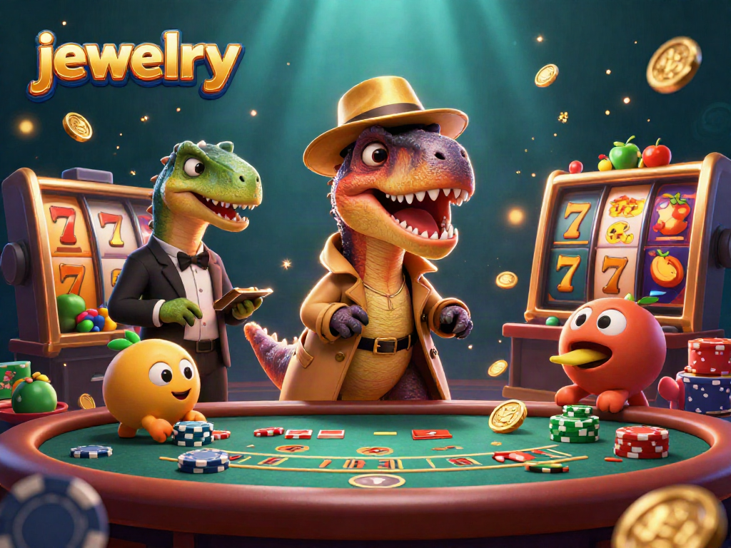 The jewelry card counter velociraptor discreetly plays blackjack while avoiding the suspicious pit boss in a colorful casino scene.