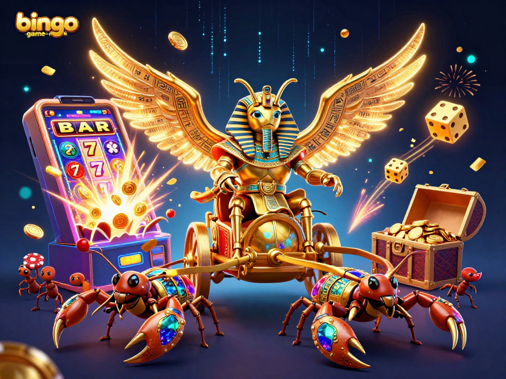 Bingo-game-online jackpot illustration featuring a giant golden scarab beetle and a vibrant casino explosion.