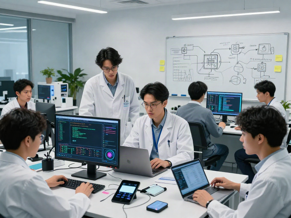 Team collaborating on AI Detection technology in a modern lab setting, showcasing innovative data analysis.