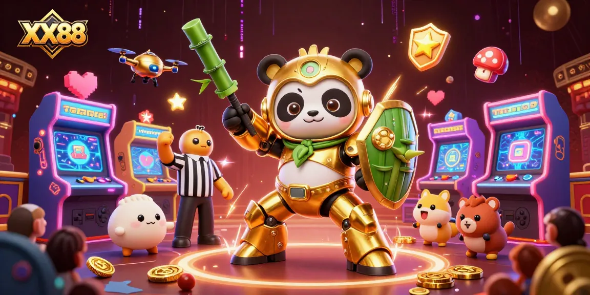 Experience thrilling gameplay at XX88 with a cartoon panda in an exciting casino arena.