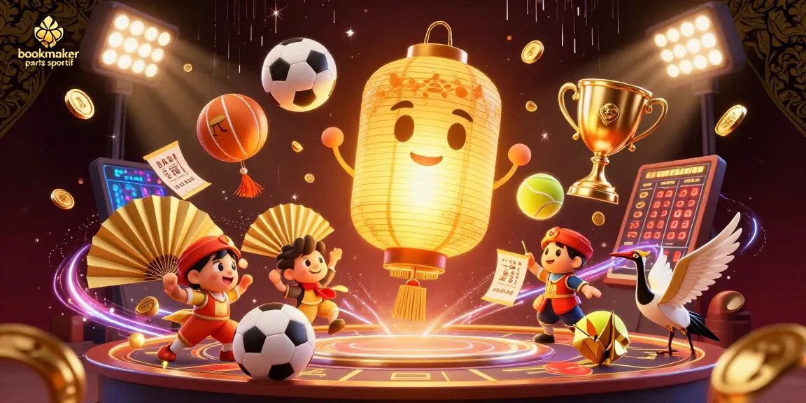 Pariez avec bookmaker paris sportif dans une illustration 3D dynamique des paris sportifs, avec esprit lantern et éléments sportifs.