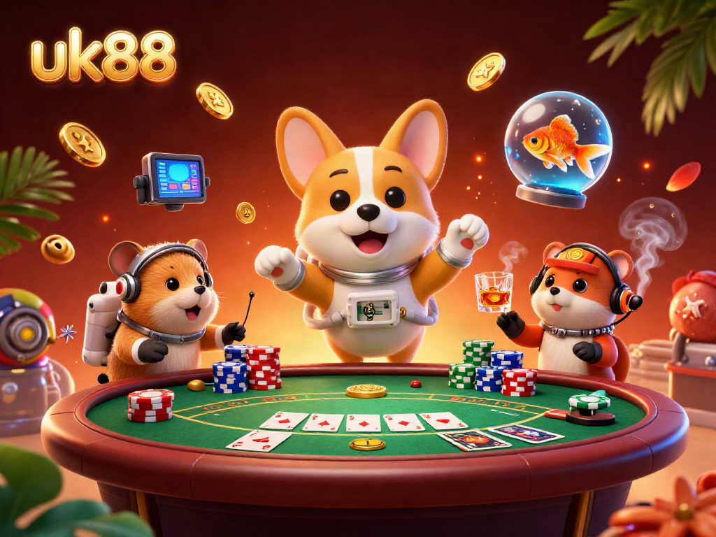 Experience the excitement of uk88 with a dynamic casino scene featuring a cartoon astronaut corgi and vibrant poker elements.