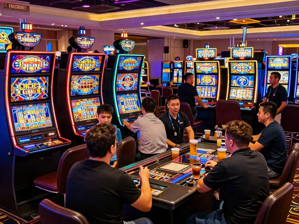 Excited players enjoying a popular slot gacor game at a lively casino.
