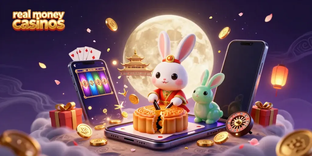Experience the excitement of real money casinos with a captivating moon-themed casino illustration.