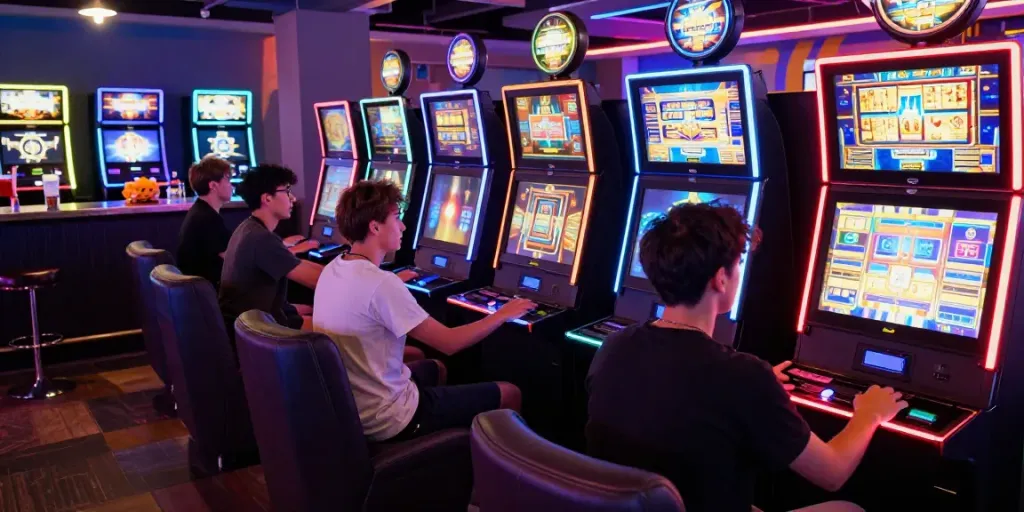 Exciting players enjoying slot games in a vibrant gaming lounge atmosphere.