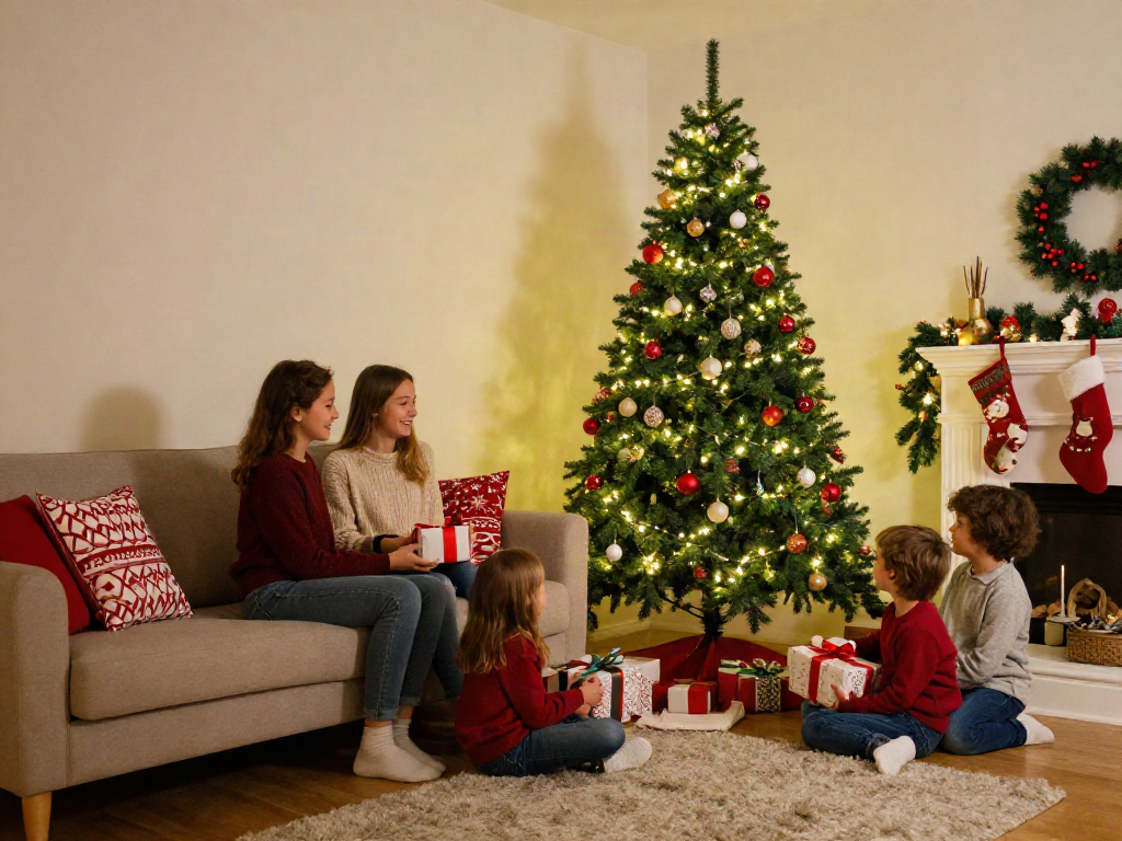 Cozy living room with a decorated skinny Christmas tree and family enjoying the holiday season.