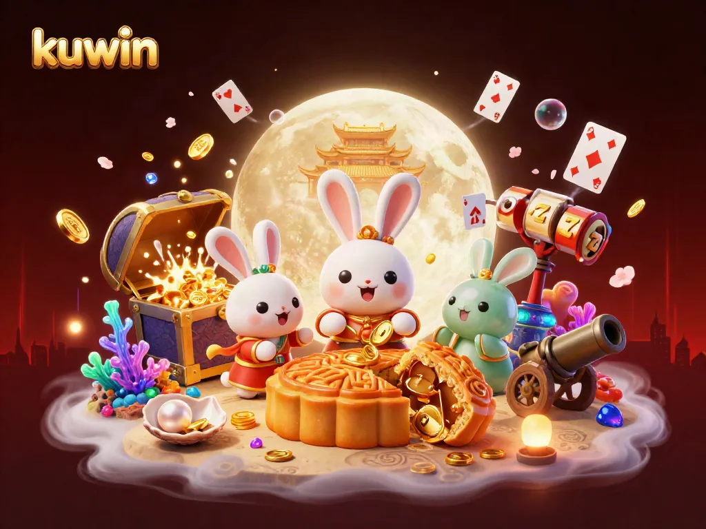 Kuwin-themed illustration with a moon rabbit and casino elements celebrating gaming.
