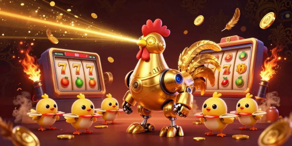 Slot gacor menjadi pusat perhatian dengan robot ayam emas yang menembakkan sinar laser di tengah lingkungan permainan yang meriah.