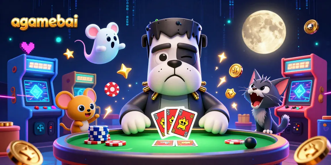 agamebai showcases a lively 3D casino scene with a cartoon bulldog dealer and dynamic game elements.