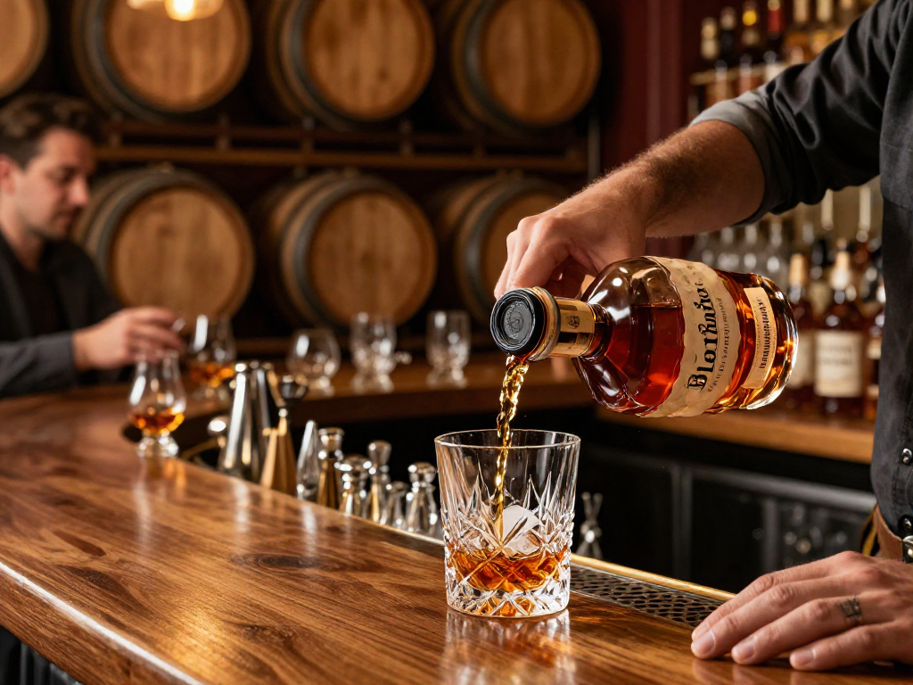 Pouring Blanton's Single Barrel Bourbon in an elegant bar setting, showcasing its rich amber color and inviting atmosphere.