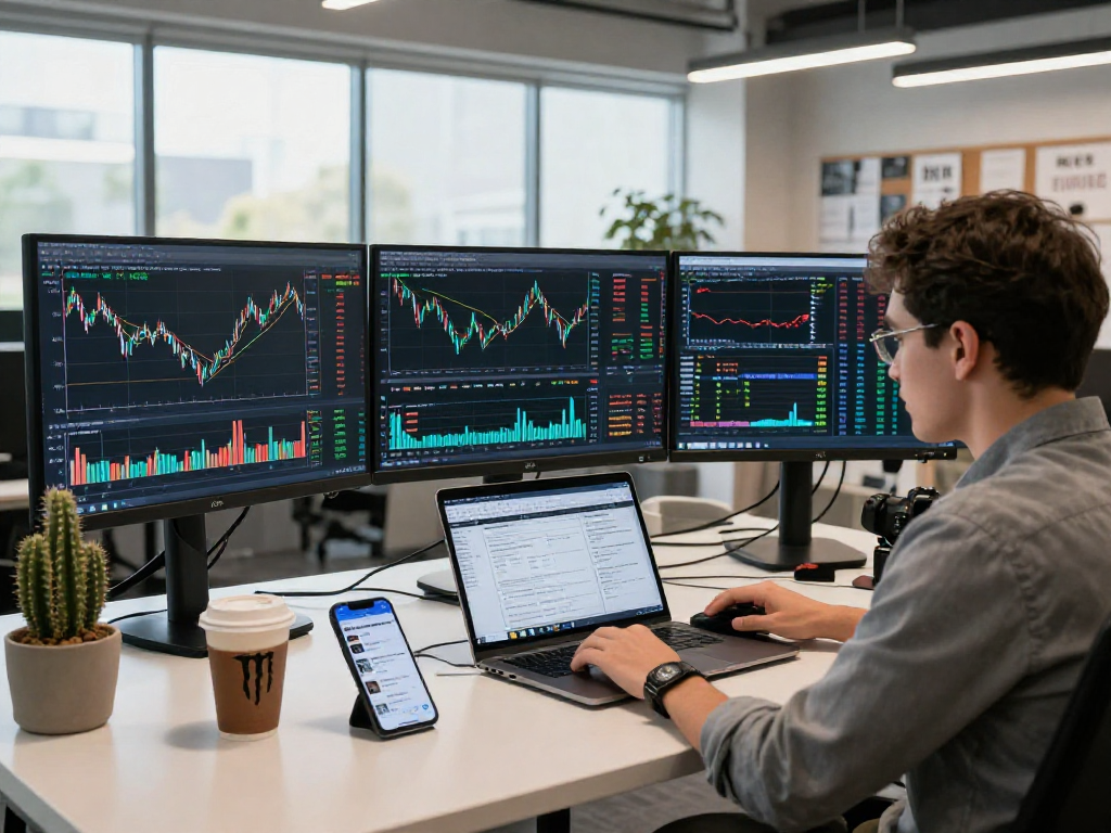 Trader using TradingView on multiple screens in a bright analysis office.