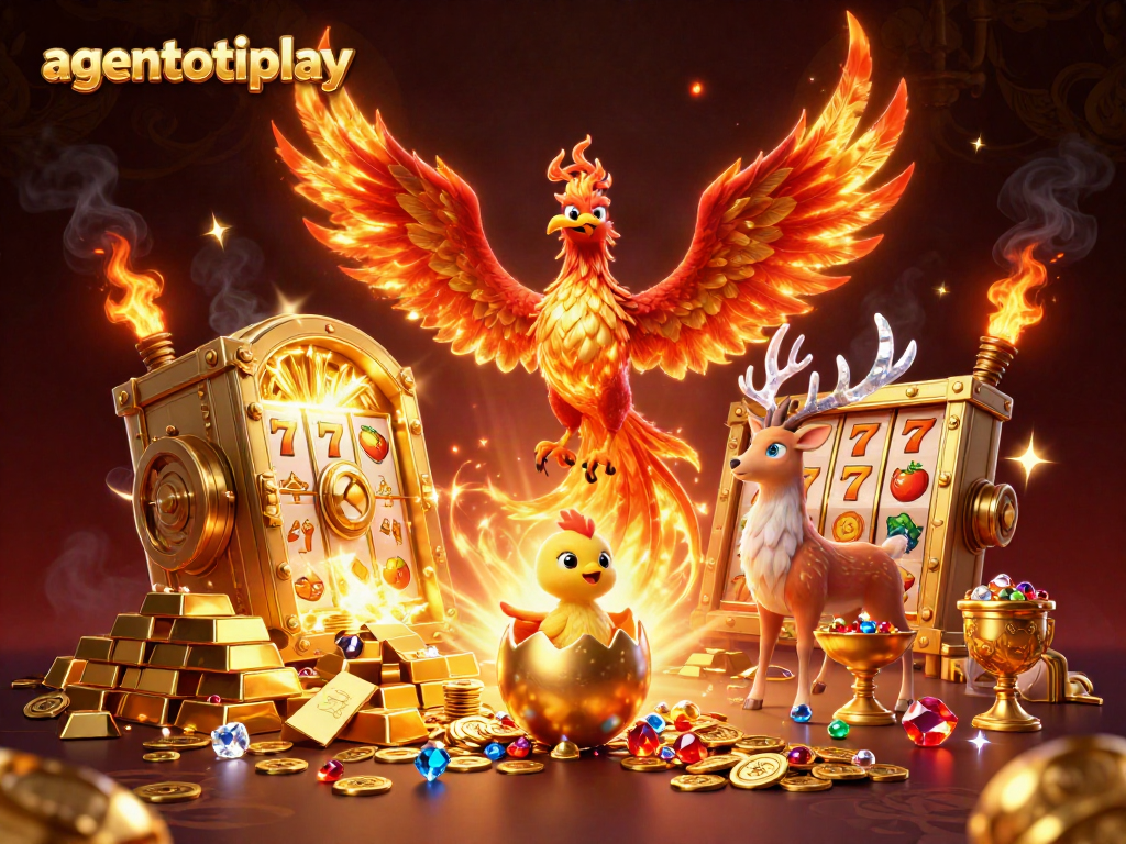 Engage with agentotoplay as a phoenix rises amidst a vibrant casino treasure scene