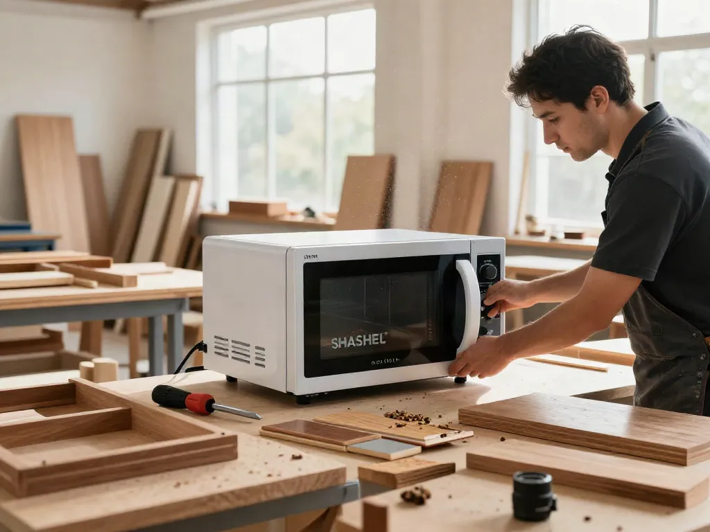 SHASHEL® microwave technology effectively treating wood to eliminate insects in a modern woodworking studio.