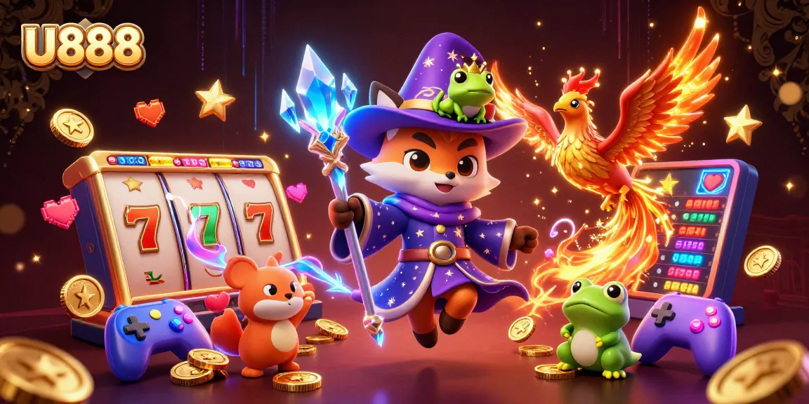 Play thrilling slots at U888 with engaging characters, neon elements, and vibrant casino visuals.