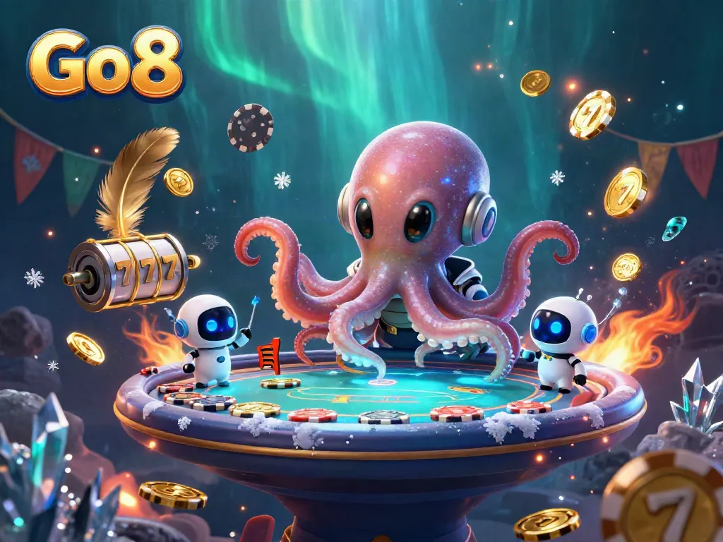 Experience the dynamic world of Go 8 with an alien octopus at a holographic poker table packed with excitement.