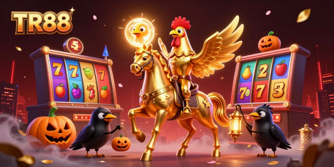 TR88 golden rooster riding through a casino, showcasing vibrant slot reels and jackpot symbols