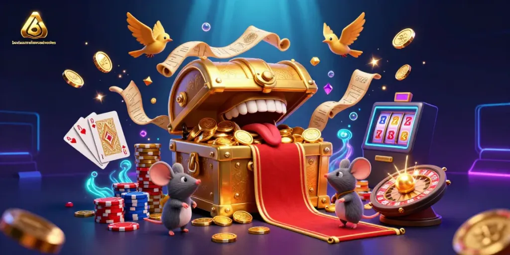 Experience thrilling online baccarat at bestaustraliancasinosites with cartoon treasure chests and spinning roulette.