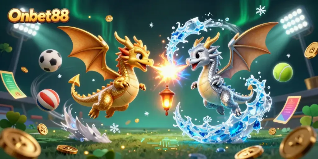 Experience the thrilling action of Onbet88 as twin dragons create a fiery and icy spectacle amidst a dynamic casino environment.