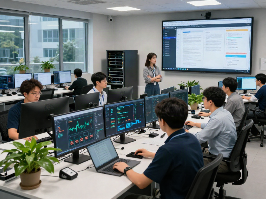Experts in document fraud detection analyze data in a high-tech cybersecurity lab.