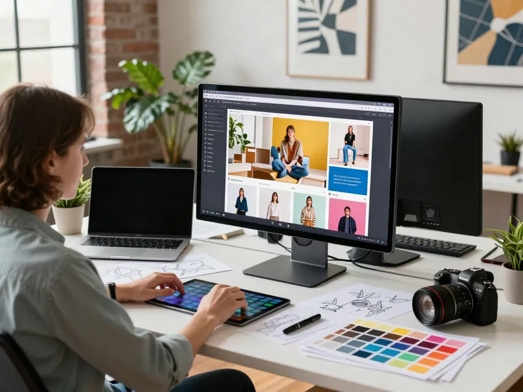 Design workspace showcasing Amazon product photo generator in use, vibrant product images on screen.