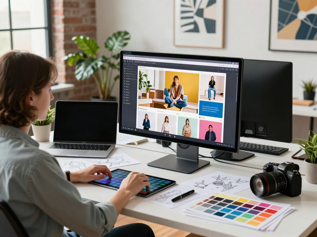 Design workspace showcasing Amazon product photo generator in use, vibrant product images on screen.