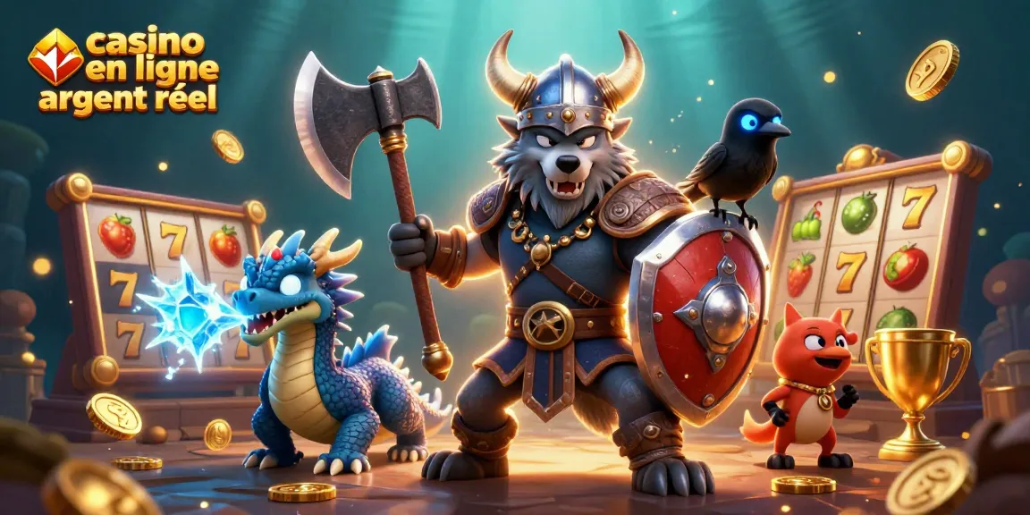 Le meilleur casino en ligne argent réel avec un guerrier loup Viking, un dragon et une scène de machines à sous dynamique.