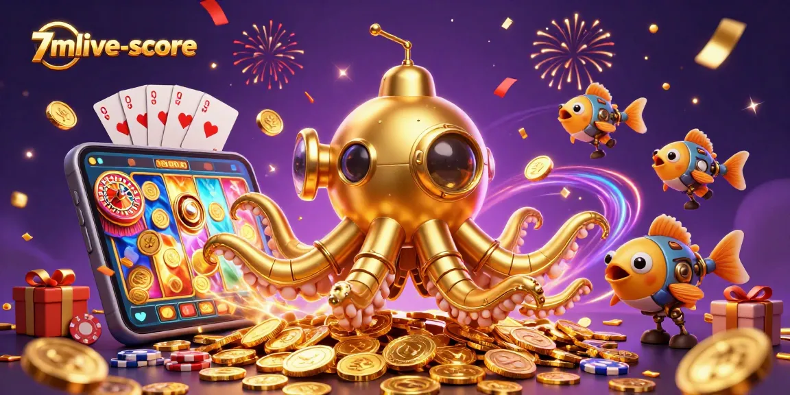Engage with the thrill of 7mlive-score as a golden kraken navigates a sea of coins in this fantasy casino scene.