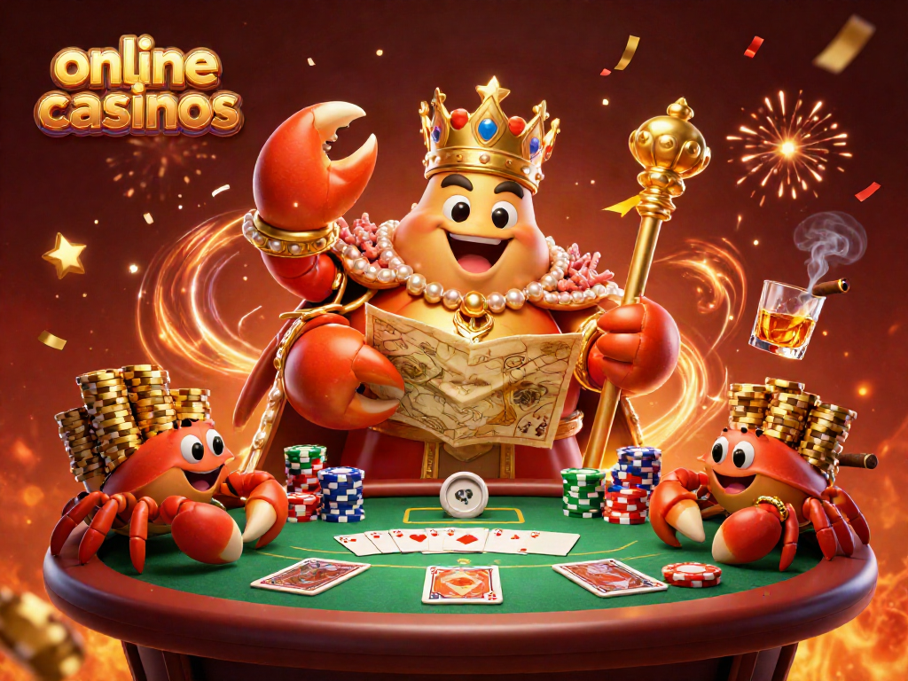 Experience excitement at online casinos with a golden crab emperor amidst poker and vibrant chips.