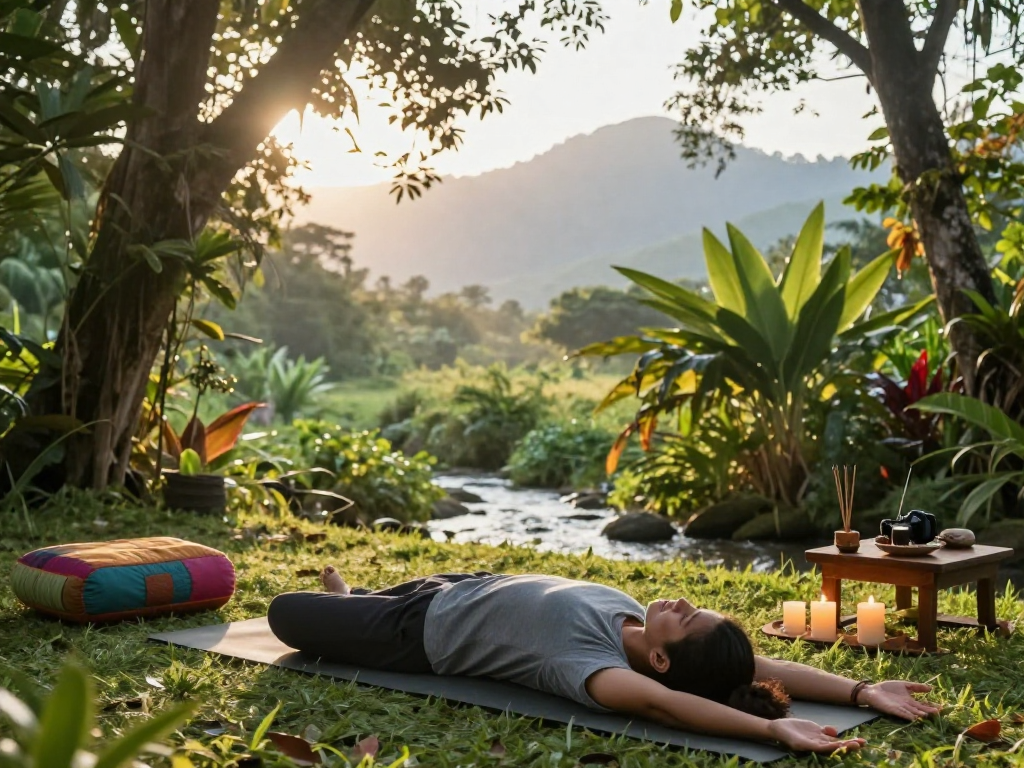 Yoga practice in nature focusing on mantra88 for mindfulness and relaxation.