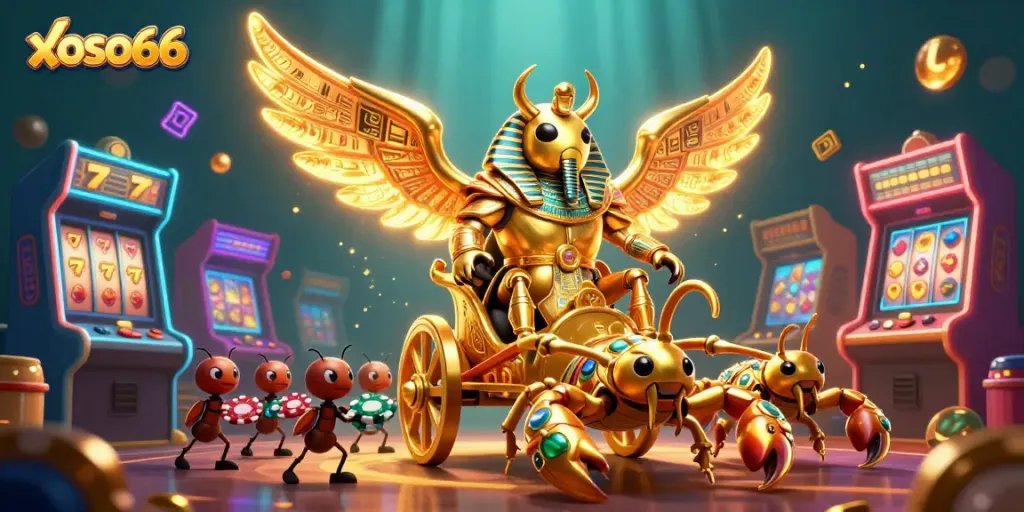 Xoso66 engages players with a lively casino scene featuring a golden scarab and vibrant game elements.